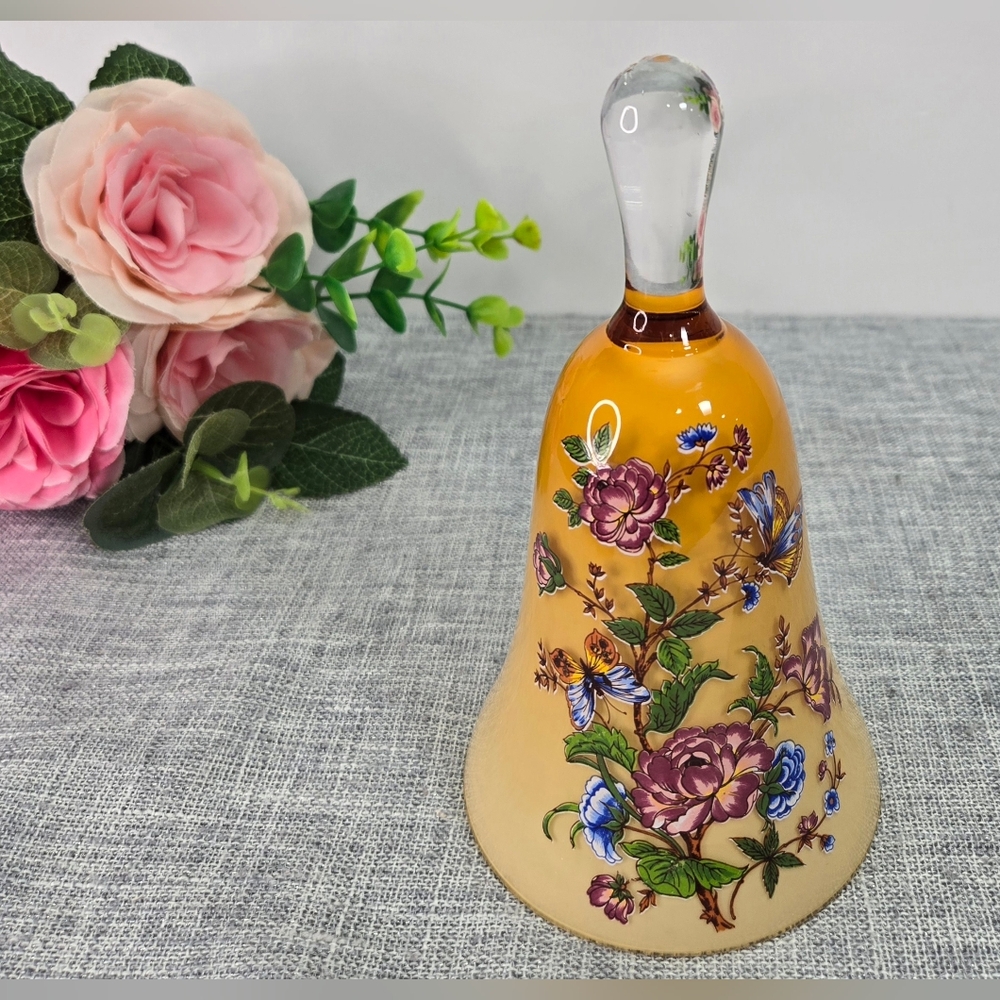 Vintage Orange Glass Bell, Made In Italy 6.5" Colorful Floral Design Butterflies